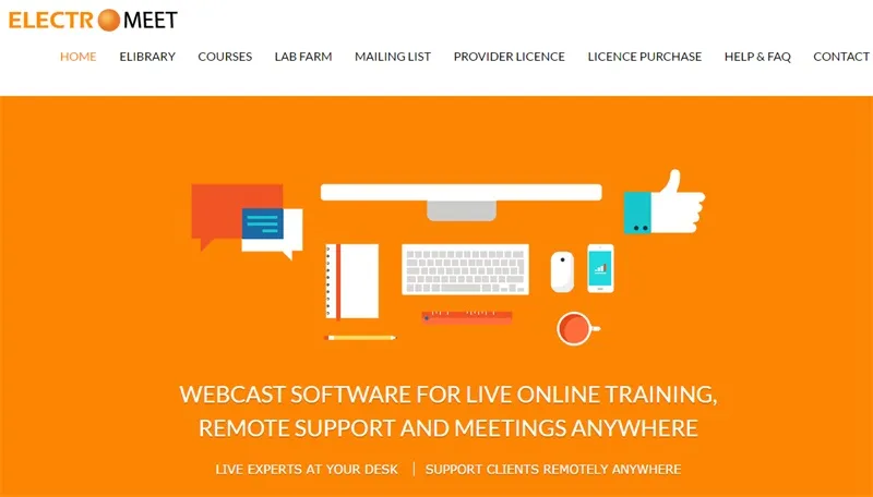 Orange Electromeet webpage banner displays desk equipment, chat bubbles, a thumbs-up icon, and text about webcast software.