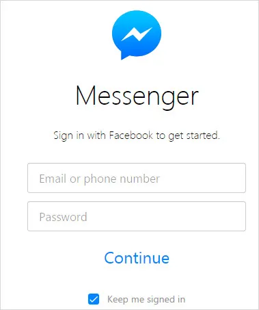 Messenger sign-in screen with a blue logo, email and password fields, Continue button, and checked Keep me signed in option.