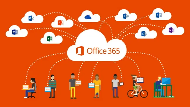 Office 365 cloud connects via dotted lines to app clouds and seven diverse people using devices below.