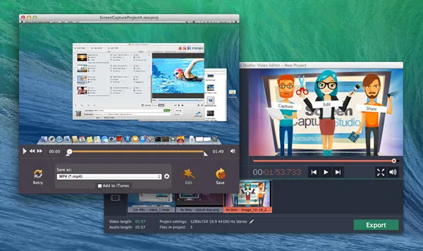 Desktop displays overlapping video-editing windows with a swimming clip, cartoon presenters, playback controls, and an Export button.