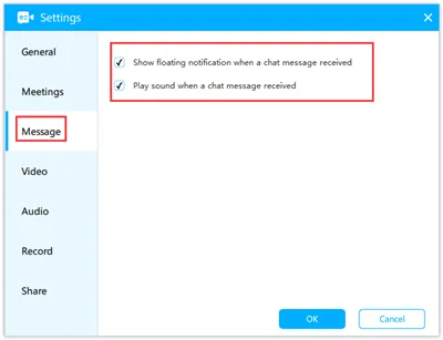 Settings window displays the Message tab with two checked notification options and OK and Cancel buttons.