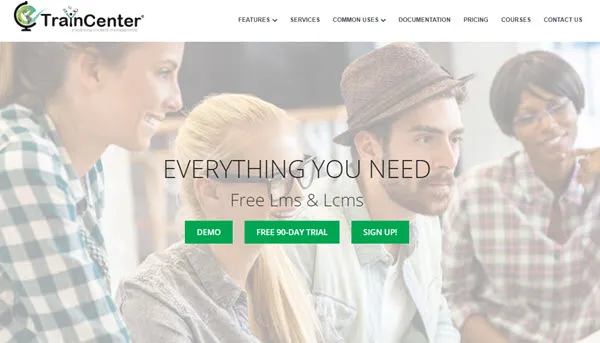 Website homepage displays a navigation bar, smiling people, and centered “Everything You Need” text with green buttons.