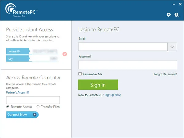 RemotePC interface displays blurred credentials left and email, password, and green sign-in controls right.