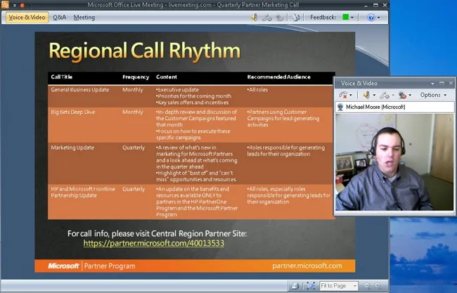 Screen displays a “Regional Call Rhythm” slide with an orange table and a man in a video window.