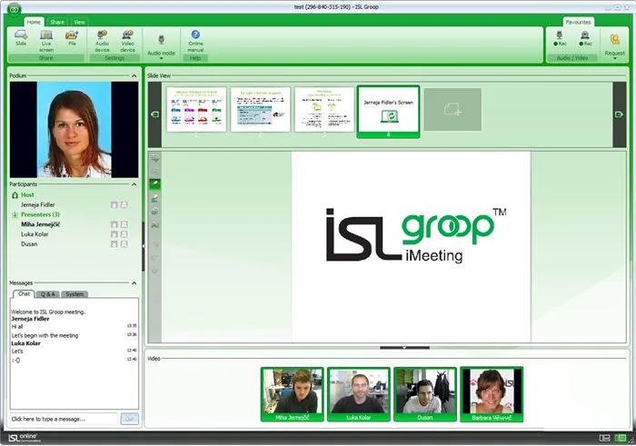 Screenshot displays a green virtual meeting interface with a woman’s portrait, presentation slides, chat panel, and four participant video thumbnails.