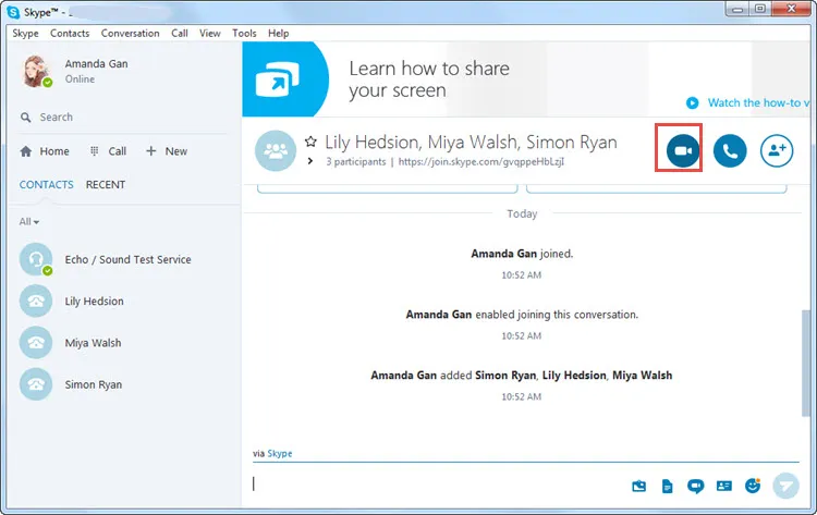 Skype group conversation displays participants, contacts, and a red-highlighted video call button.