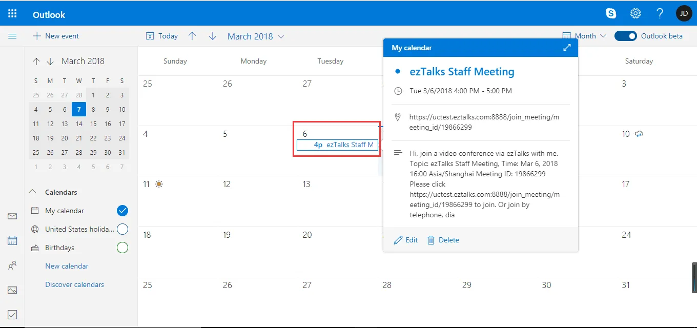 Outlook calendar displays a March 2018 month view with an ezTalks Staff Meeting selected and details open.