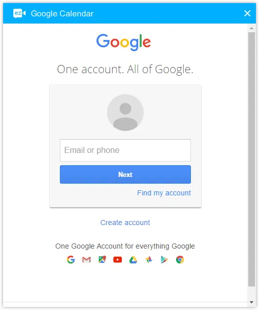 Google Calendar login window displays Google branding, an email field, blue Next button, and account creation links.