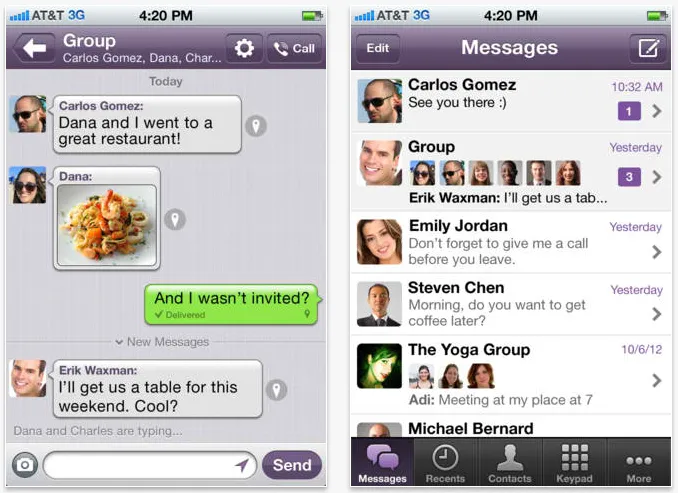 Smartphone screens display a group chat with food photo and messages beside a contact list with profile pictures.