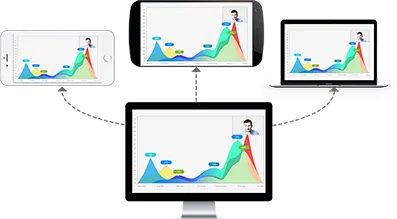 Screens display colorful rising charts with blue and green peaks, red arrows, and small person icons.