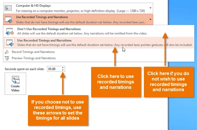 PowerPoint’s timing menu displays narration options, a five-second slide duration field, orange instructional callouts, and upward arrows.
