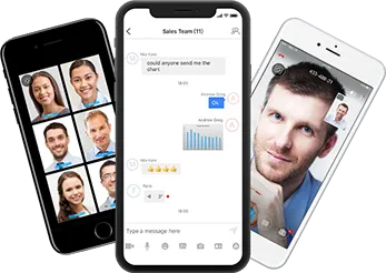 Smartphones display a chat, a six-person video grid, and a man’s portrait against a gray background.