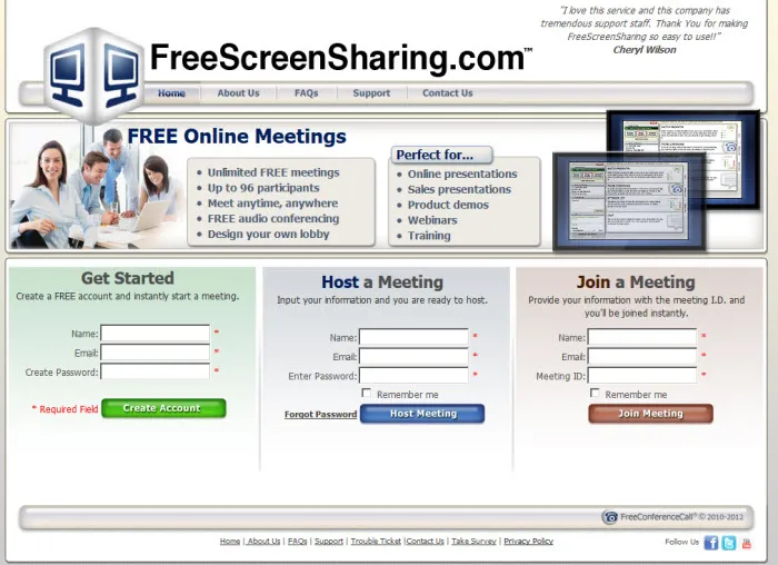 FreeScreenSharing.com webpage displays meeting features, promotional photos, three account forms, and colored action buttons.