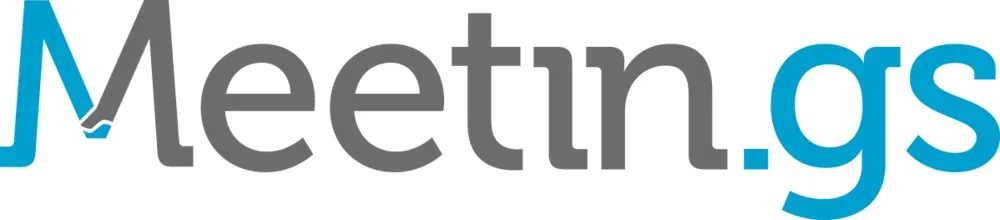 Logo displaying “Meeting.gs” in large gray and turquoise letters on a white background.