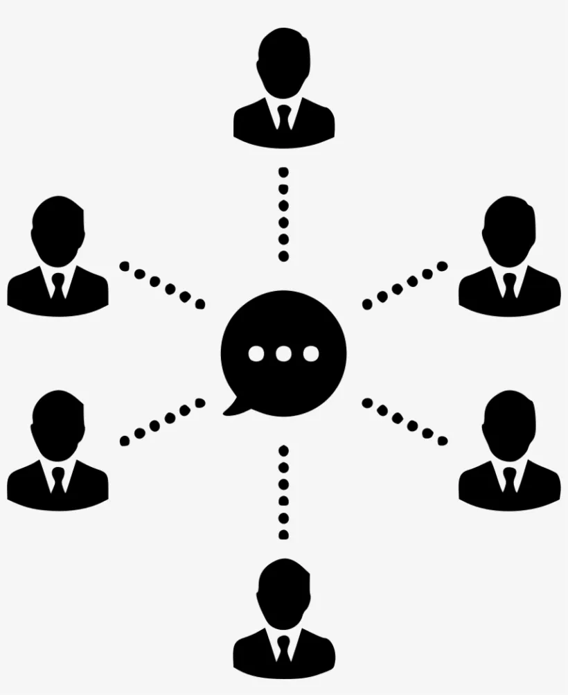 Six silhouetted businesspeople surround a central speech bubble, connected by dotted lines on a white background.
