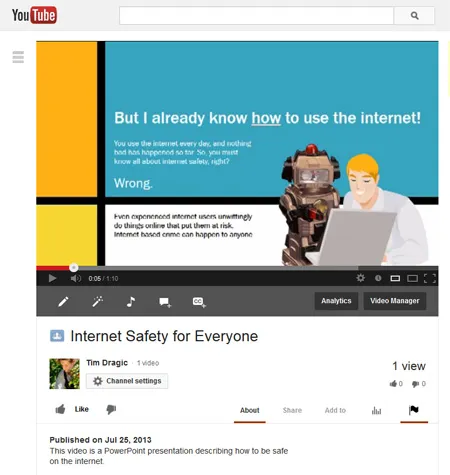 YouTube page displays a blue-and-yellow safety slide featuring a robot and blond person above video controls and metadata.