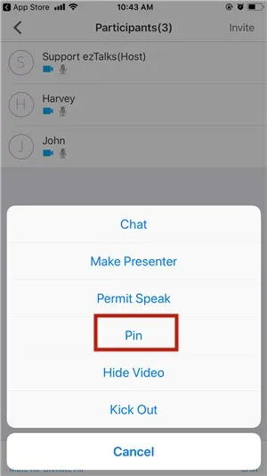 Smartphone screen displays a participants list and chat options, with “Pin” outlined in red.
