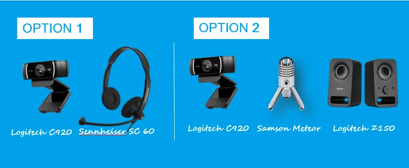 Blue graphic compares Option 1’s webcam and headset with Option 2’s webcam, microphone, and speakers.