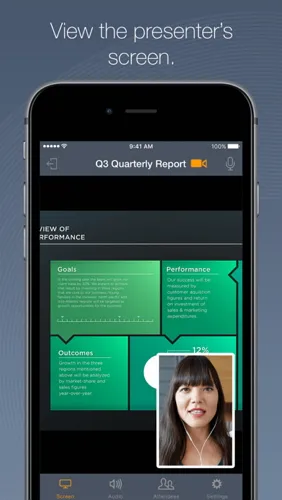 Smartphone displays a Q3 Quarterly Report with green charts and a video call window showing a woman.