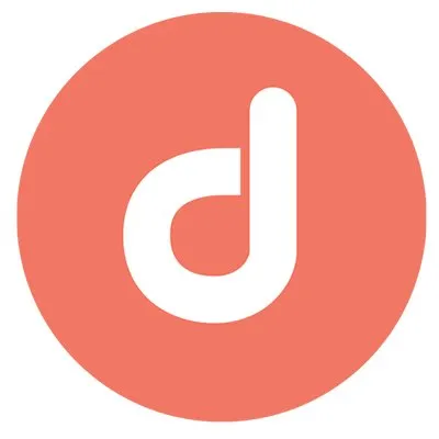 White lowercase “d” symbol centered within a coral-red circle.