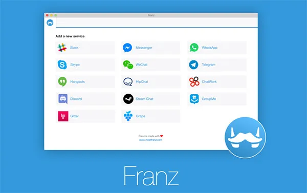 Franz application window displays Slack, Messenger, WhatsApp, Skype, WeChat, Telegram, and other service icons on a blue background.