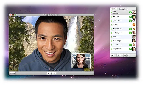 Video-call window shows a smiling man before a waterfall, with a woman’s inset portrait and contact list nearby.