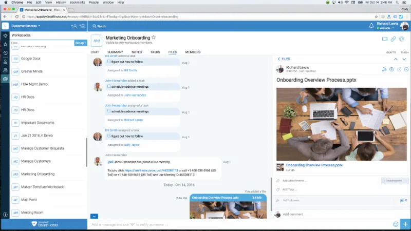 Screenshot displays a blue team collaboration workspace with chat messages, navigation panels, and a shared meeting photo.