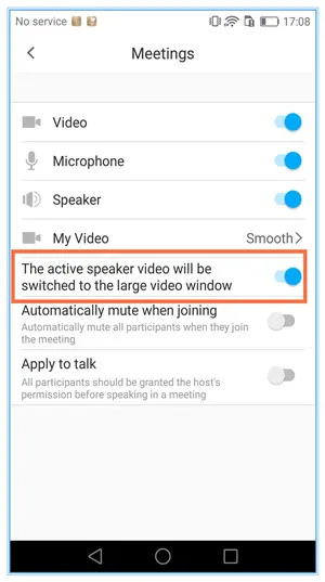 Smartphone screen displays “Meetings” settings, blue toggles, and an orange box highlighting the active speaker video option.