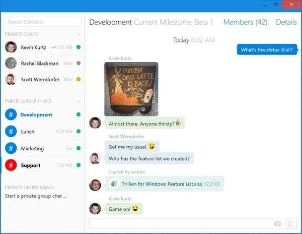 Chat application displays contacts and group channels on the left, with a central team conversation containing messages, emojis, and an image.