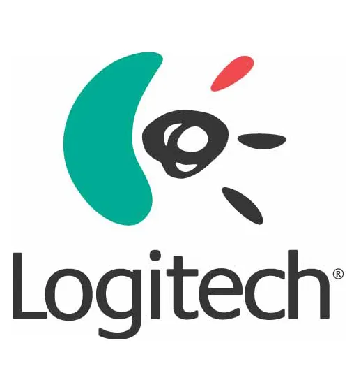 Logitech logo with a teal crescent, black circular center, red and black accents, and wordmark below.