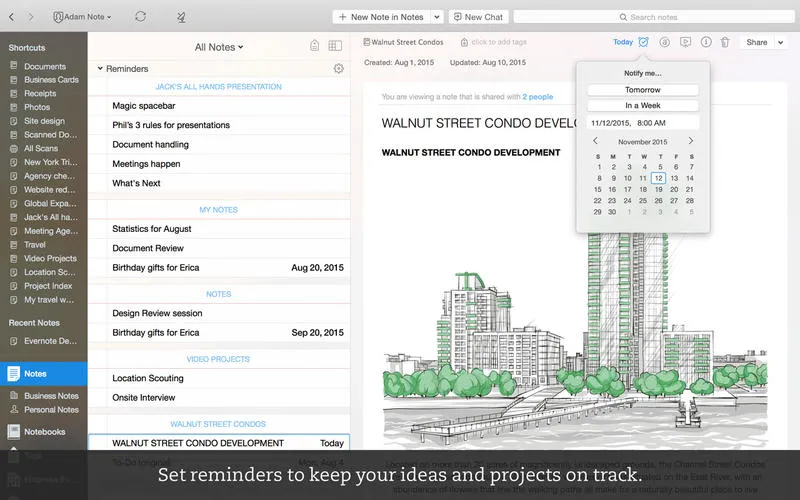 Software displays project notes beside a cityscape sketch, with a reminder calendar popup open in the corner.