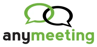 AnyMeeting logo with overlapping green and black speech bubbles above black and green lowercase text.