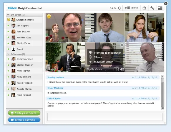 Screenshot of video conference interface with six participant windows, onscreen attendee list, chat messages, and moderation menu.