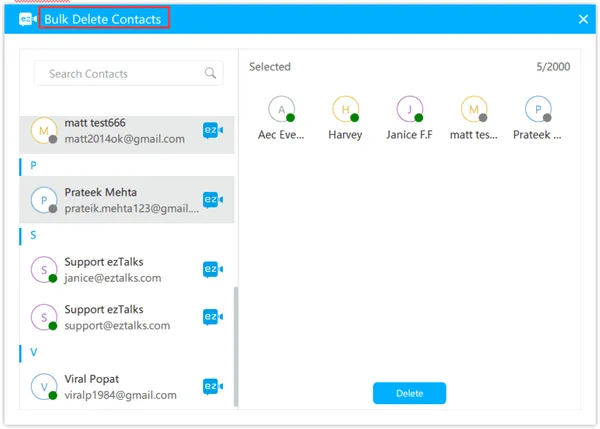 Window displays a contact list, selected avatar icons across the top, and a blue Delete button at the bottom.