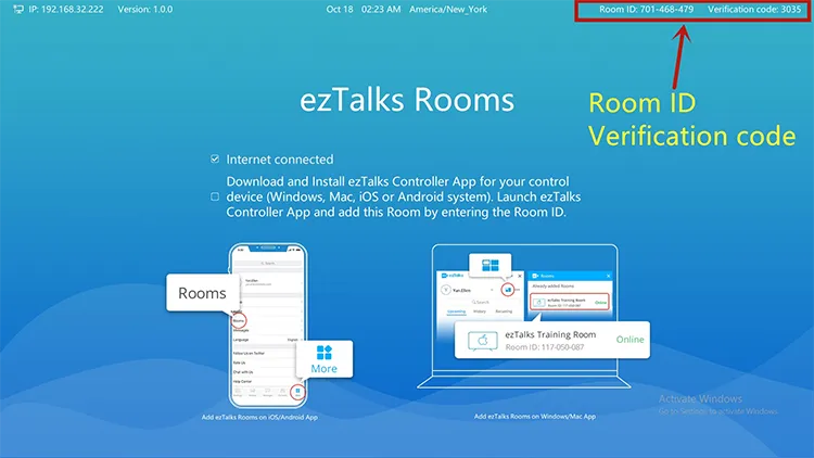 Blue ezTalks Rooms setup screen displays room ID and verification code, with phone and laptop app instructions.