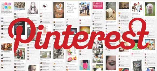 Pinterest logo in red over a collage of Pinterest boards featuring photos, products, recipes, and text posts.