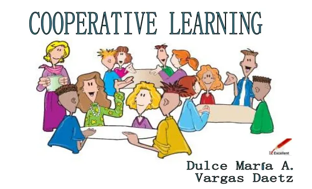 Cartoon group of diverse people sitting around a table and collaborating beneath “Cooperative Learning” text.