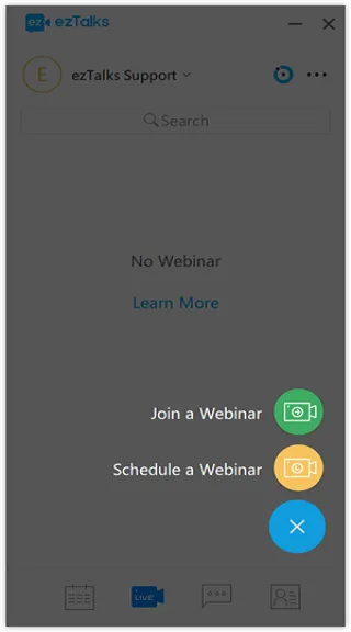 Screenshot of an ezTalks window showing webinar options with green and yellow video buttons and a blue close button.
