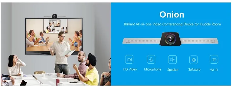 Onion video conferencing device beside a meeting room scene, with product features listed on a blue panel.