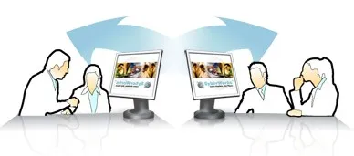 Coworkers gather around two desktop monitors displaying web pages, beneath pale blue curved arrows.