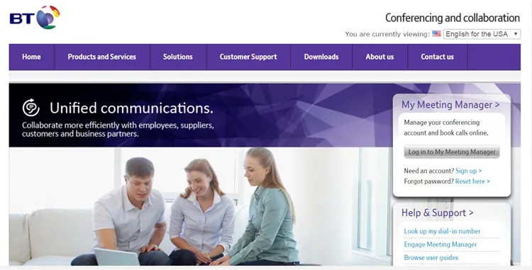 BT website homepage displays a purple navigation bar, unified communications banner, and three colleagues gathered around a laptop.