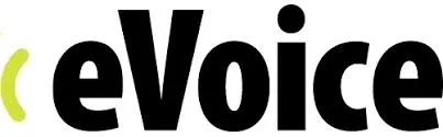 eVoice logo displays bold black lettering with a curved lime-green mark on the left.