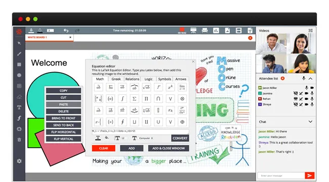 Whiteboard interface displays colorful shapes, an equation editor, four video participants, an attendee list, and a chat panel.
