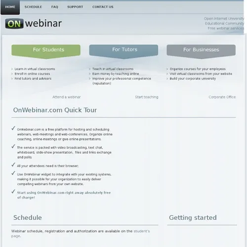 Webpage screenshot displays an ON webinar header, navigation bar, three audience columns, feature checklist, and schedule section.