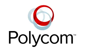Polycom logo featuring overlapping red, blue, and gray circular rings above the black company name.