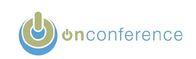 Logo features a blue-and-green power-button symbol beside the blue and green “onconference” wordmark.