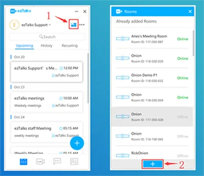 Screenshots show an ezTalks schedule and a Rooms list with status indicators and add button,