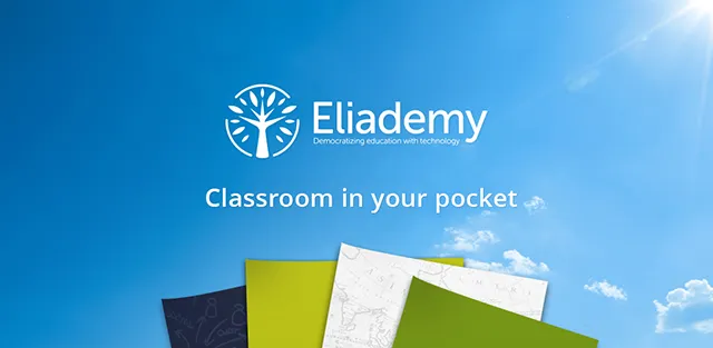 Blue sky surrounds the Eliademy logo and “Classroom in your pocket” text above colorful books and papers.