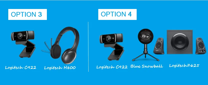 Graphic shows Option 3 with webcam and headset, and Option 4 with webcam, microphone, and speakers on blue background.