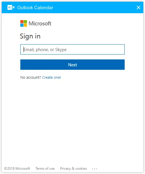 Microsoft sign-in window displays an Outlook Calendar header, email/phone/Skype field, blue Next button, and account links.